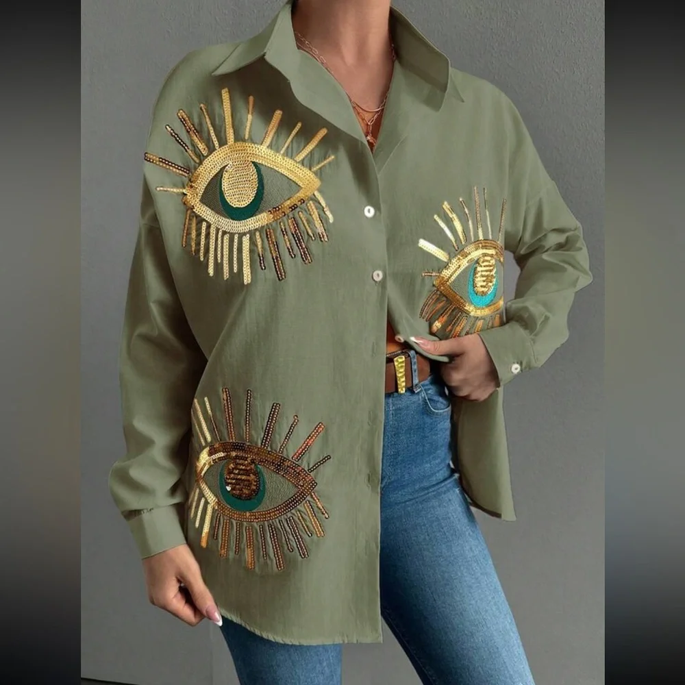 Boho blue eye embroidered button down long sleeve shirt - Picture 5 of 5